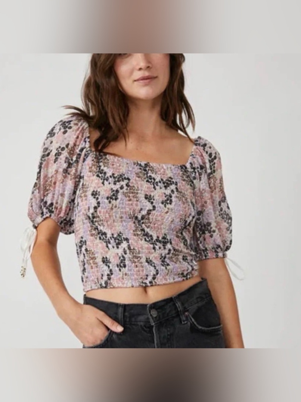 Free People Back on Top  Smocked Puff-Sleeve Crop Top pink and black floral